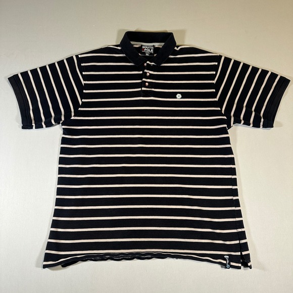 Y2K VTG South Pole Polo‎ Shirt XL Navy Striped Hex Short Sleeve Streetwear Baggy - Picture 1 of 15